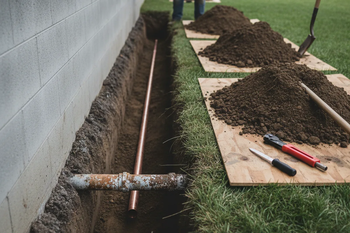 Excavated water line trench during Water Softener Installation in Diller